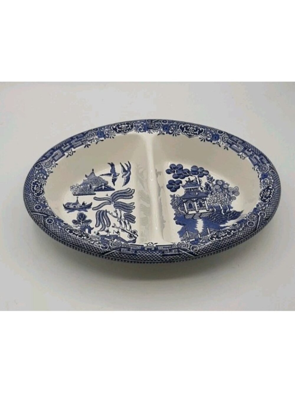 Vintage Churchill England Blue Willow Divided Oval Vegetable Serving Dish Bowl